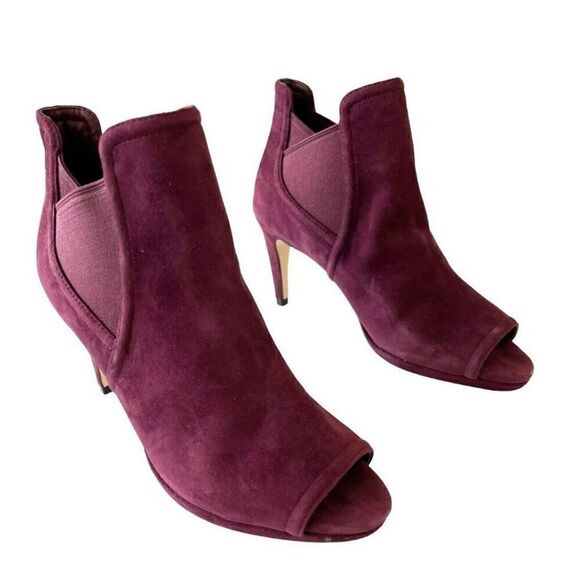 Cole Haan Peep Toe Ankle Booties Size 7B Burgundy Leather Suede Stiletto Heel - Picture 1 of 10